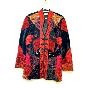 90s Vintage Velvet Patchwork Asian Inspired Jacket Black & Red - MEDIUM